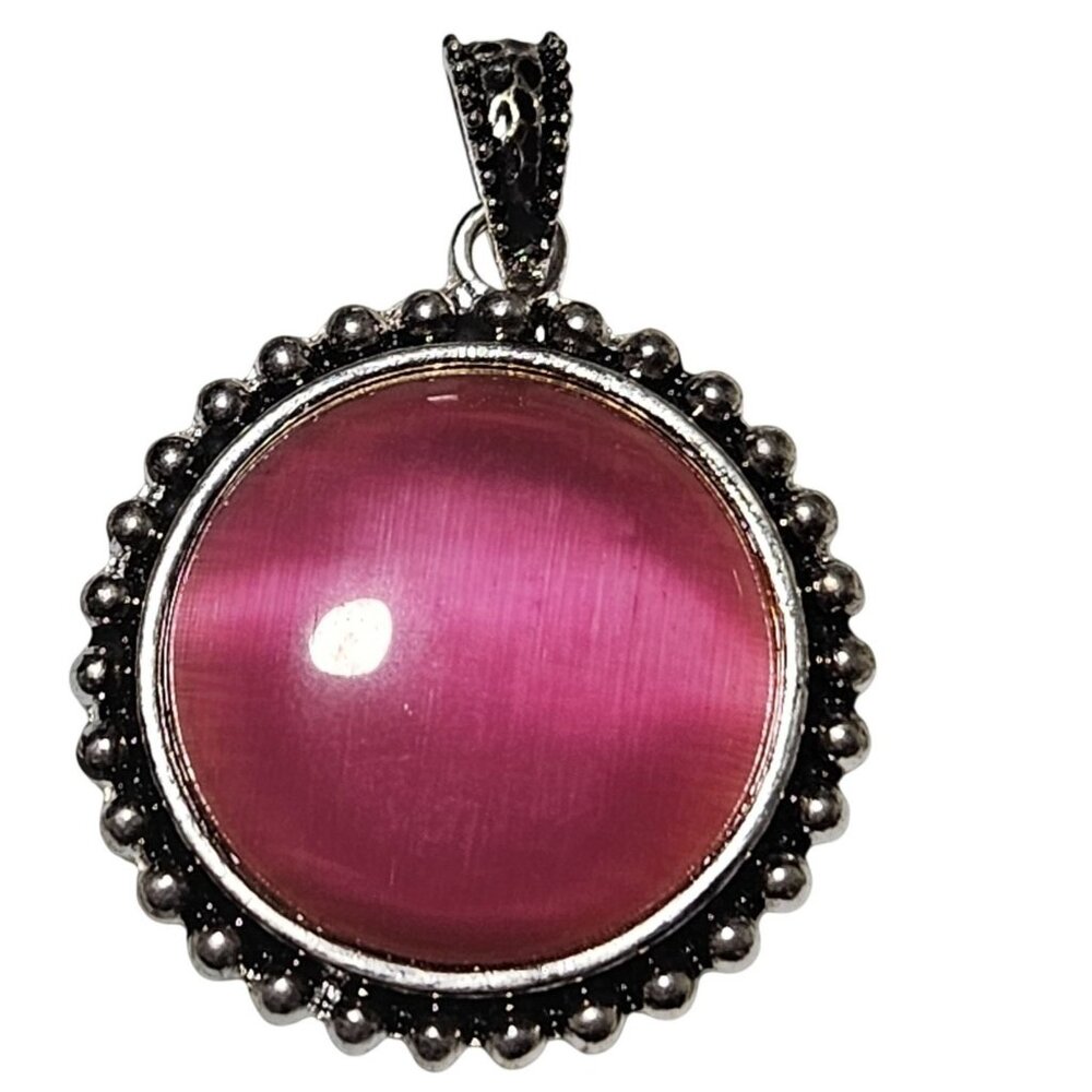 Vintage Round Pink Stone Pendant Statement Silver Tone Setting Fashion Jewelry
